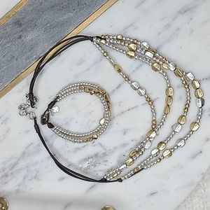 Lucky Brand Two Tone Beaded Leather Layer Necklace & Bracelet in Gold & Silver